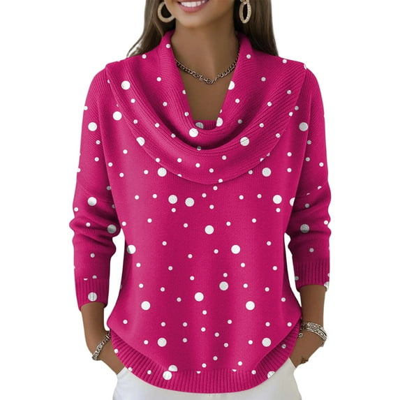 Kixjoy Cowl Neck Sweater for Women Long Sleeve Casual Trendy Knit Sweaters Petite Lightweight Polka Dot Top Winter Cozy Vacation Womens Sweaters, Hot Pink XL