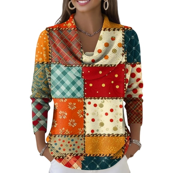 Kixjoy Cowl Neck Sweater for Women Long Sleeve Lounge Trendy Knit Sweater Petite Lightweight Floral Print Tops Fall Soft Vacation Womens Tops, Orange L