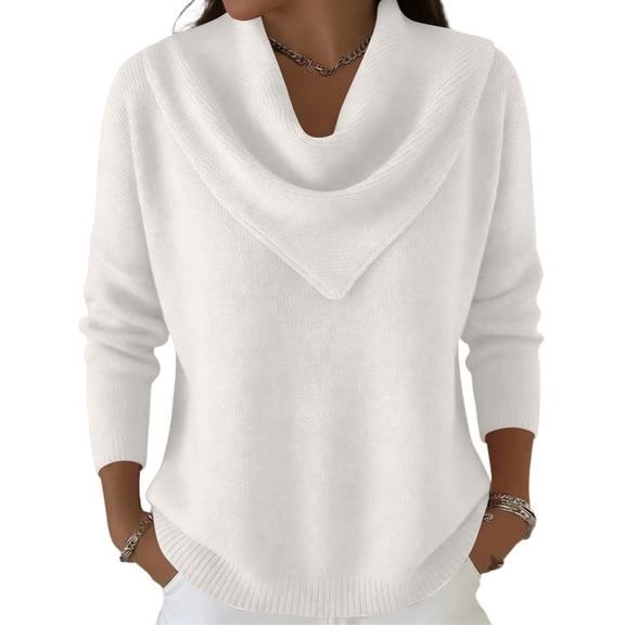 Kixjoy Cowl Neck Tops for Women Long Sleeve Cowl Neck Winter Clothes Trendy Womens Knit Sweaters Soild Fashion Loose Fit Shirts, White S