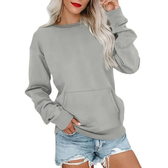 Kixjoy Crew Neck Sweatshirts Women Casual Long Sleeve Sweatshirt with Pockets, Baggy Thermal Pullover Basic Trendy Lightweight Womens Sweatshirt, Gray M