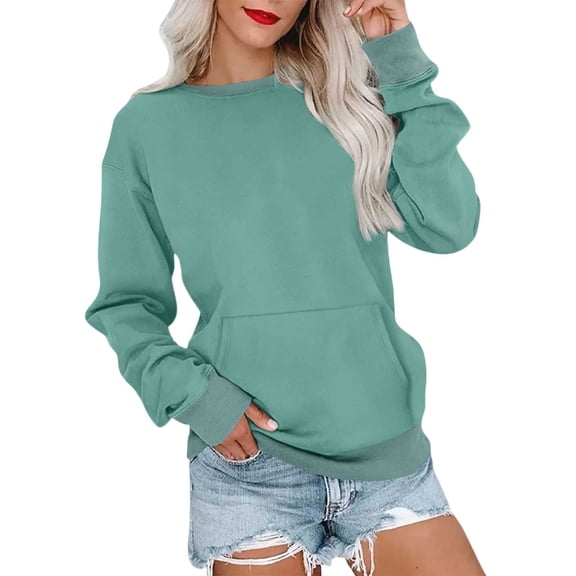 Kixjoy Crew Neck Sweatshirts Women Lounge Long Sleeve Sweatshirt with Pockets， Baggy Thermal Tunic Tops Soild Fashion Lightweight Womens Clothes, Dark Green L