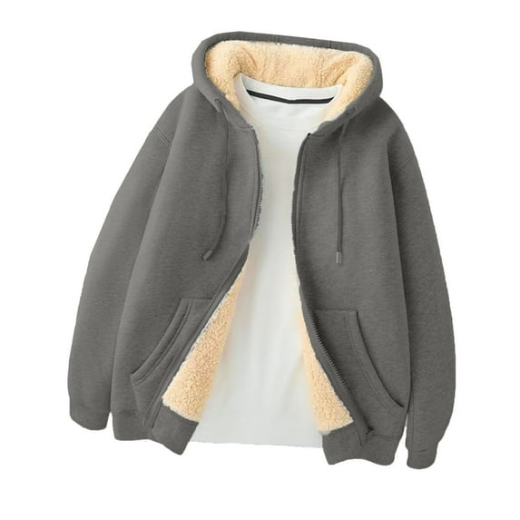 Kixjoy Dark Gray Fleece Jacket Women Oversized Thick Zip Up Hoodie Long Sleeve Fashion Winter Sweatshirt Jacket Women Basic Thermal Hooded Coats with Pockets, Dark Gray L