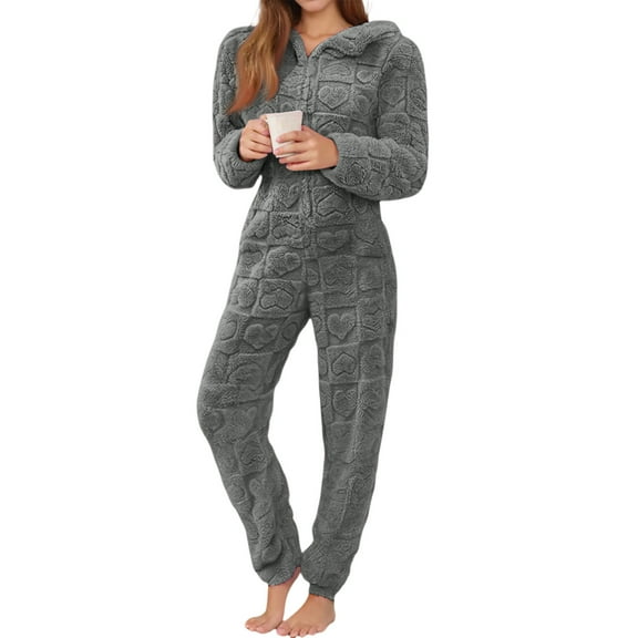 Kixjoy Dark Gray Jumpsuits for Women Long Sleeve Zip Up Fuzzy Pajama Warm Fleece Fall Loungewear Fashion Soild Hooded Womens Jumpsuit, Dark Gray L