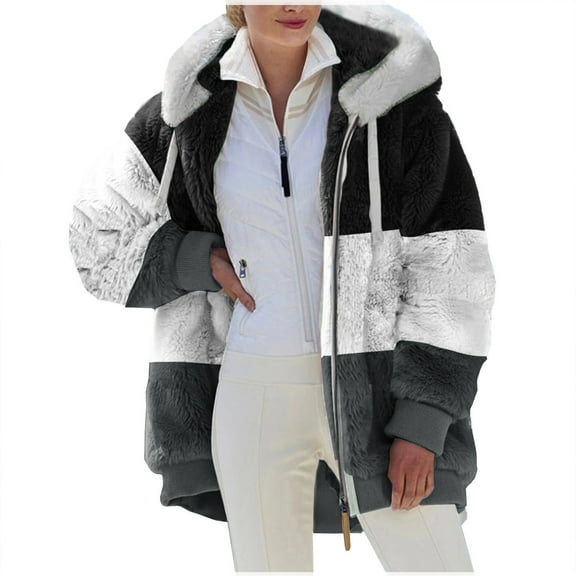 Kixjoy Dark Gray Womens Fleece Jacket Long Sleeve Warm Oversized Puffer Jacket Winter Fashion Zip Up Fleece Coat Loose Fit Hooded Cardigan with Pockets, Dark Gray 3XL