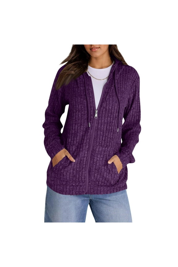 Dark Purple Hoodies for Women Zip Up Oversized Long Sleeve Hoodie Lightweight Winter Hooded Sweatshirt Casual Soild Loose Fit Sweaters for Women with Pockets, Dark Purple XXL