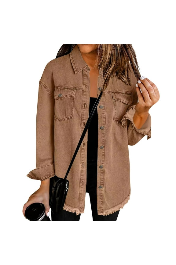Denim Jacket for Women Long Lightweight Jean Jackets Plus Size Fashion Fall Shirts Button Down Loose Fit Casual Coat for Women with Pockets, Brown M