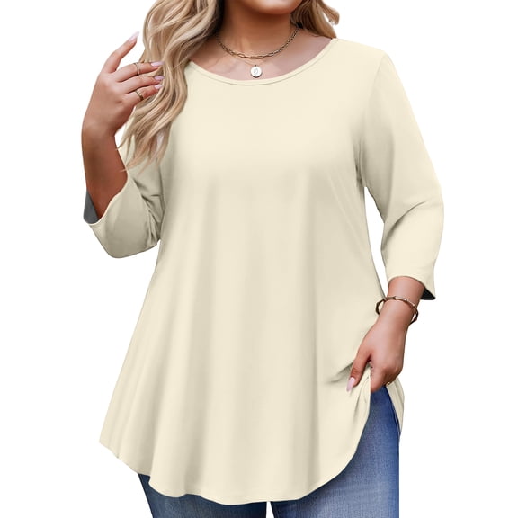 Kixjoy Dressy Blouses for Women Oversized 3/4 Sleeve Crew Neck Shirt Casual Soild Loose Fit Blouse Work Fashion Summer Womens Clothes, Beige 5XL