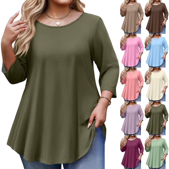 Kixjoy Dressy Blouses for Women Oversized 3/4 Sleeve Crew Neck Shirt Fashion Basic Loose Fit Top Work Casual Summer Womens Clothes, Army Green 2XL