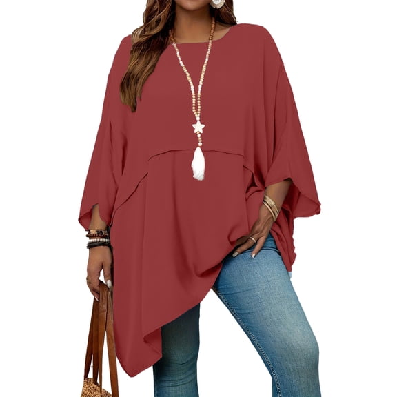 Kixjoy Dressy Blouses for Women Oversized Short Sleeve Crewneck Shirt Casual Basic Loose Fit Tunic Tops Work Fashion Fall Womens Tops, Wine XL