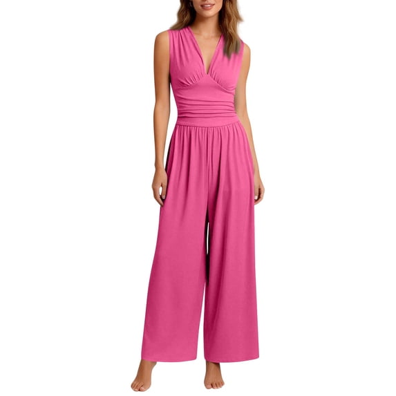 Kixjoy Dressy Jumpsuits for Women Sleeveless Casual Beach V Neck Jumpsuits Cozy Elegant Rompers Basic Trendy Holiday Wide Leg Pants with Pockets, Hot Pink L