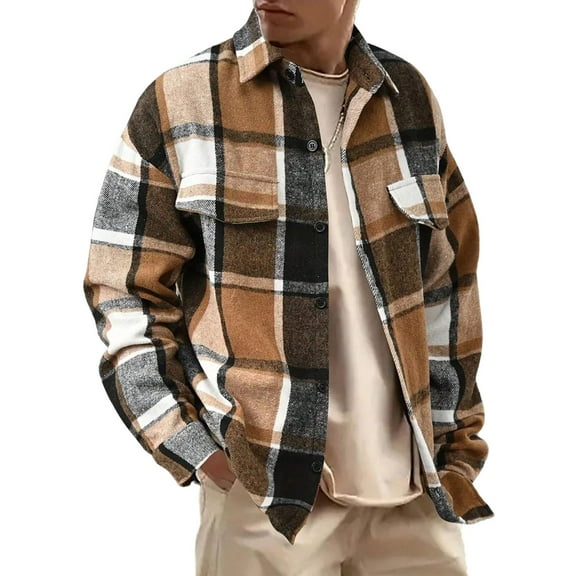 Kixjoy Earthy Yellow Fleece Jacket Men Fleece Vintage Plaid Shirt Long Sleeve Baggy Winter Coat Thermal Fashion Lightweight Cardigans for Men Trendy, Earthy Yellow L