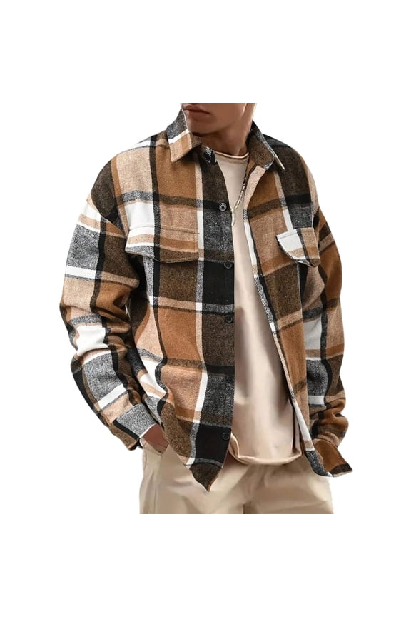 Earthy Yellow Jackets for Men Cotton Vintage Plaid Shirts Long Sleeve Baggy Fall Coat Thermal Fashion Lightweight Cardigans for Men Trendy, Earthy Yellow XL