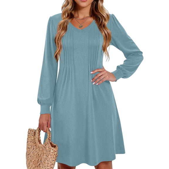 Kixjoy Fall Dresses for Women 2025 Casual Long Sleeve Tunic Dresses Soild Pleated Cozy V Neck Dress A Line Lightweight Winter Clothing for Women, Light Blue XL