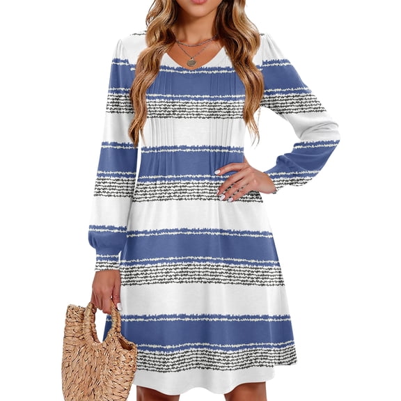 Kixjoy Fall Dresses for Women 2025 Long Sleeve Pleated V Neck Dresses Casual Holiday Plaid Soft Tunic Dress Lightweight A Line Winter Clothes for Women, Light Blue XXL