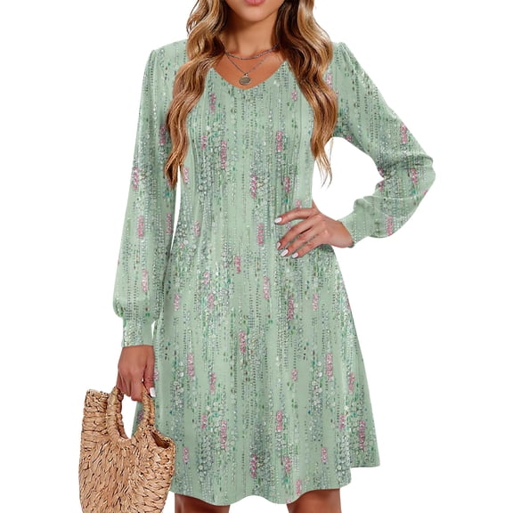Kixjoy Fall Dresses for Women 2025 Long Sleeve Pleated V Neck Dresses Fashion Formal Floral Print Cozy Tunic Dresses Lightweight A Line Fall Outfits for Women, Cyan XXL