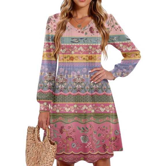 Kixjoy Fall Dresses for Women 2025 Long Sleeve Pleated V Neck Dresses Fashion Formal Plaid Soft Tunic Dresses Lightweight A Line Winter Dress for Women, Pink XXL