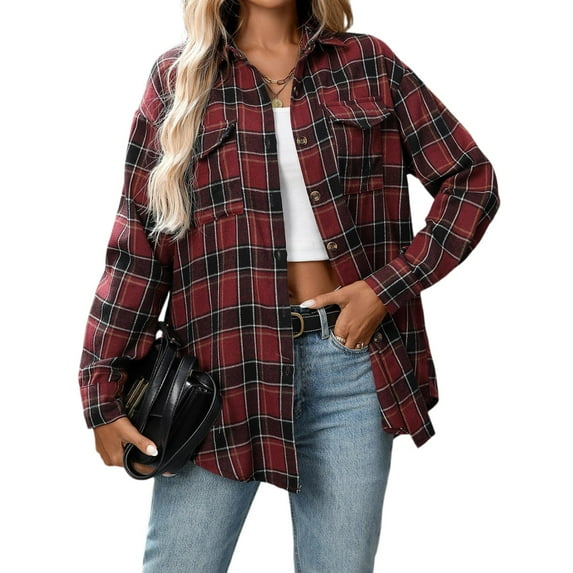 Kixjoy Women's Flannel Shirts Long Sleeve Button Down Plaid Shirts Fashion Plus Size Fall Tops Casual Lightweight Fall Tops for Women 2025 with Pockets, Deep Red XL