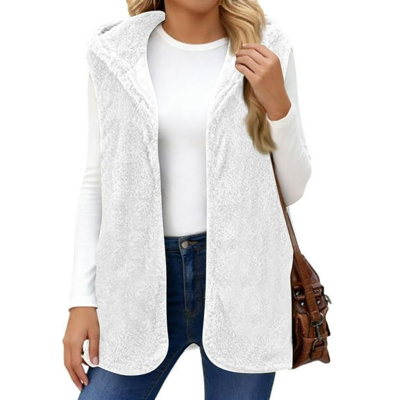 Kixjoy Fleece Fuzzy Vest Women Oversized Sleeveless Hooded Vest Fluffy Thermal Fall Jacket Cozy Fashion Lightweight Womens Cardigan, White M