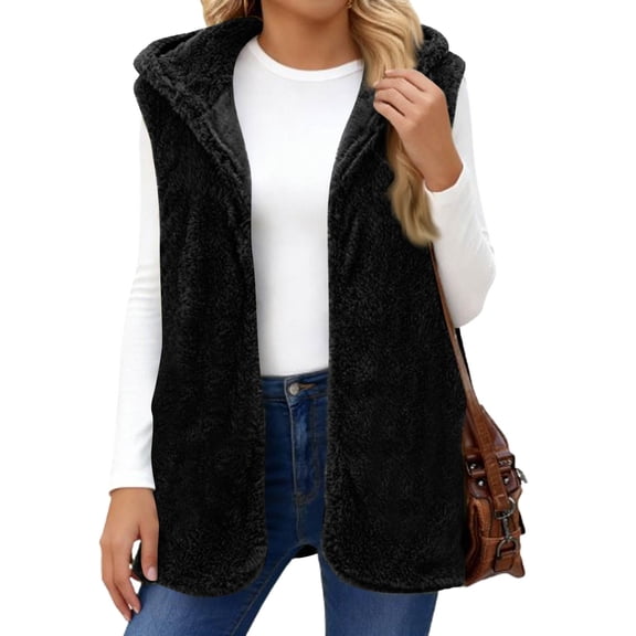 Kixjoy Fleece Fuzzy Vest Women Oversized Sleeveless Hooded Vests Fluffy Warm Winter Jackets Cozy Fashion Lightweight Cardigan Vest for Women, Black S