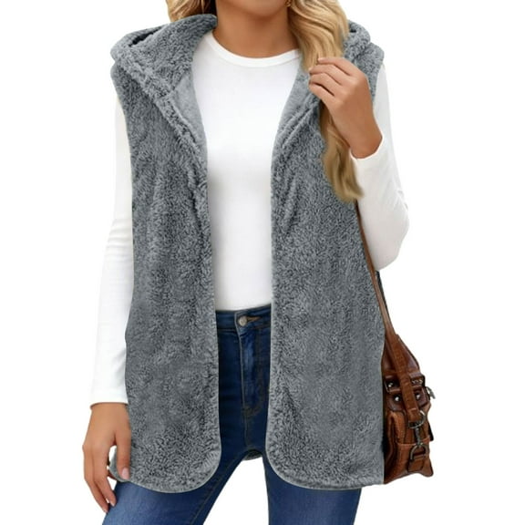 Kixjoy Fleece Fuzzy Vest Women Sleeveless Casual Oversized Jacket Fluffy Thermal Hooded Vest Lightweight Soft Fall Cardigan for Women, Gray S