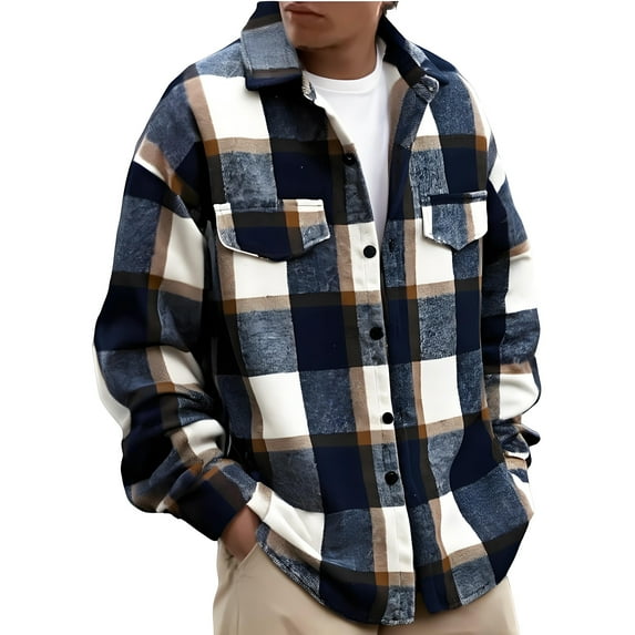 Kixjoy Fleece Jacket Men Fleece Vintage Plaid Shirt Long Sleeve Baggy Fall Coats Warm Casual Lightweight Cardigans for Men Trendy, Navy L