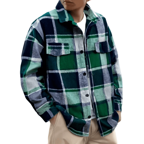 Kixjoy Fleece Jacket Men Fleece Vintage Plaid Shirt Long Sleeve Loose Winter Coats Thermal Casual Lightweight Cardigans for Men Trendy, Army Green 2XL