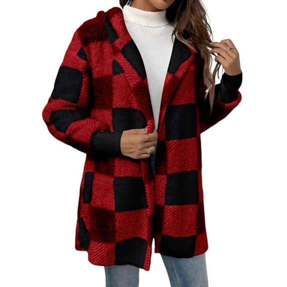 Kixjoy Fleece Jacket Women Casual Long Sleeve Cotton Plaid Shirt Thermal Loose Winter Coat Fuzzy Fashion Lightweight Cardigans for Women 2025, Red XXL