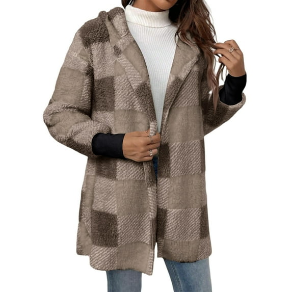 Kixjoy Fleece Jacket Women Fashion Long Sleeve Cotton Plaid Shirts Thermal Loose Winter Coats Fuzzy Casual Lightweight Cardigans for Women 2025, Coffee S