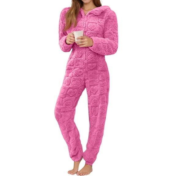Kixjoy Fleece Pajamas Women Zip Up Long Sleeve Hooded Pajamas Fuzzy Fall Fleece Loungewear Basic Warm Casual Jumpsuits for Women Dressy, Hot Pink L