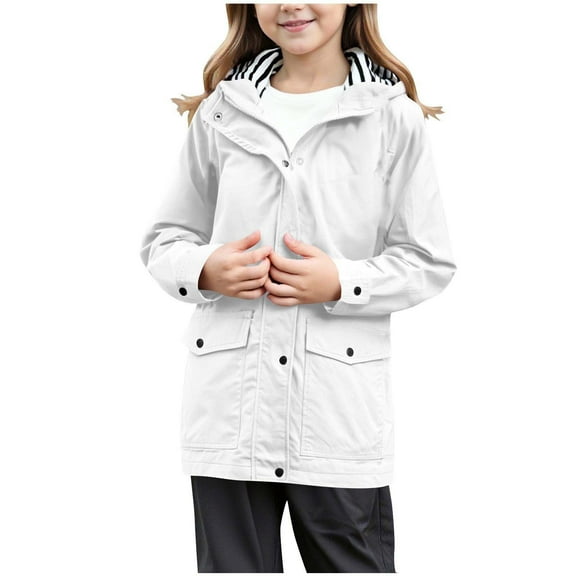 Kixjoy Girls Rain Jacket Hooded Button Down Waterproof Windbreakers Lightweight Outdoors Full Zip Jackets Preppy Hiking Raincoat with Pockets, White 13-14 Years