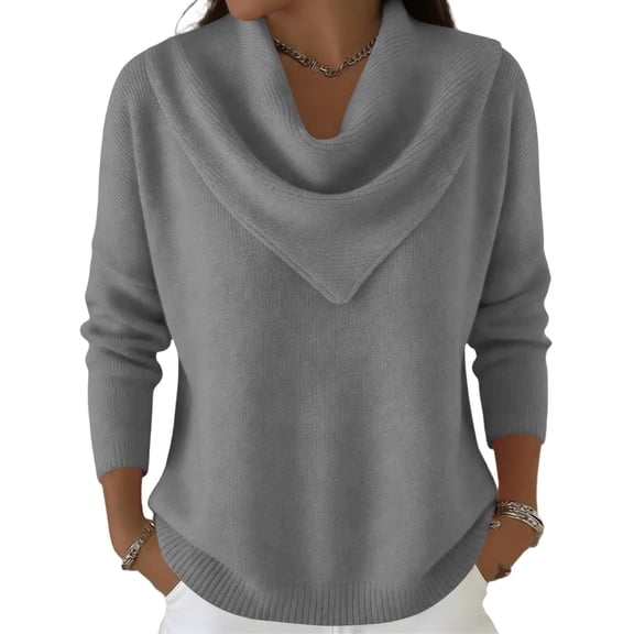 Kixjoy Gray Fall Sweaters for Women 2025 Long Sleeve Cowl Neck Winter Clothing Fashion Womens Knit Sweaters Basic Trendy Loose Fit Shirts, Gray S