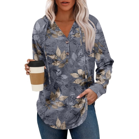 Kixjoy Gray Hoodie Women Fashion Button Long Sleeve Hoodie Casual Floral Print V Neck Tops Soft Loose Fit Winter Womens Hoodies Pullover, Dark Gray M