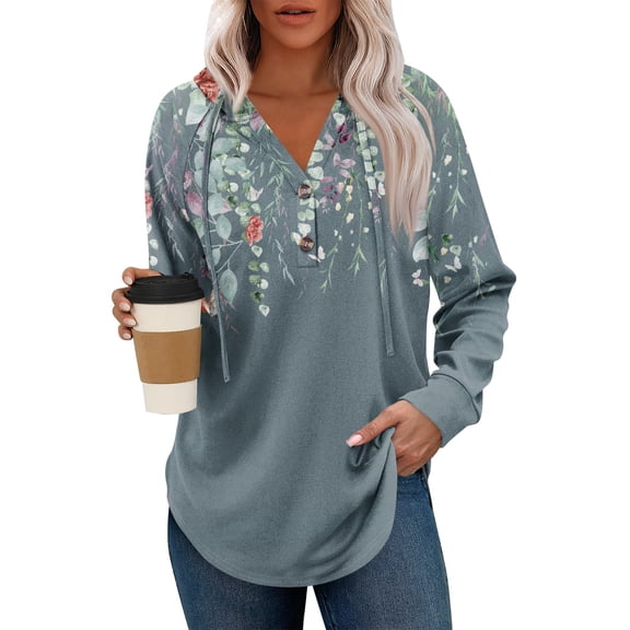 Kixjoy Gray Hoodie Women Fashion Button Long Sleeve Hoodies Casual Floral Print V Neck Tops Soft Baggy Fall Sweatshirt for Women, Dark Gray S