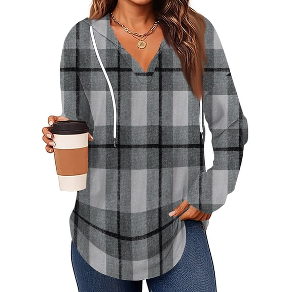 Kixjoy Gray Hoodie Women Plaid V Neck Long Sleeve Hoodie Drawstring Casual Soft Sweatshirt Baggy Fashion Winter Sweatshirt for Women, Light Gray L