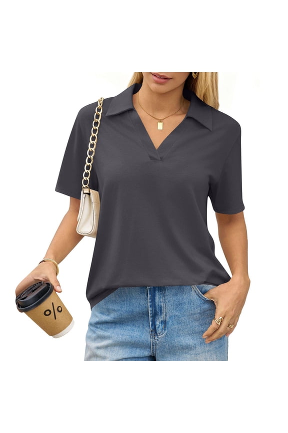 Gray Polo Shirts for Women Short Sleeve Lounge V Neck Collared Shirts Trendy Work Soild Polo Shirt Cozy Lightweight Spring Womens Tops, Dark Gray S