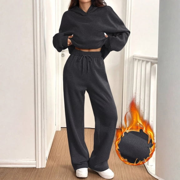 Kixjoy Gray Sweat Suits for Womens 2 Piece Plus Size Casual Long Sleeve Sweatsuit Athletic Thermal Hooded Hoodies and Pants 2 Piece Basic Winter Womens Clothing with pockets, Dark Gray M