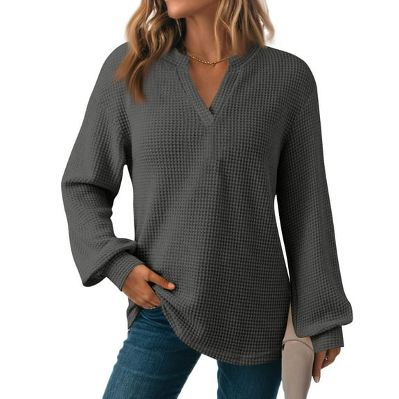 Kixjoy Gray Tops for Women Trendy Fashion Long Sleeve V-Neck Tshirt Plus Size Winter Lightweight Pullover Casual Loose Fit Sweatshirt for Women, GrayM
