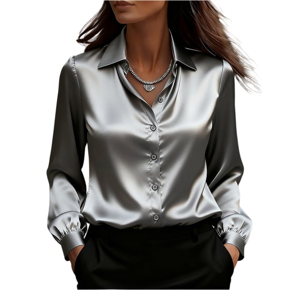 Kixjoy Gray Tops for Women Velvet Long Sleeve Collared Tops Elegant Soft Office Casual Blouses Basic Fashion Fall Womens Tops Gray Button Down Shirts for Women, Gray M
