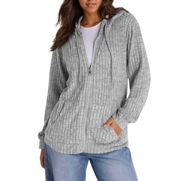 Kixjoy Gray Zip Up Hoodie Women Plus Size Lightweight Long Sleeve Hoodies Fashion Fall Hooded Sweatshirt Basic Casual Loose Fit Cardigan Sweaters for Women with Pockets, Gray XL
