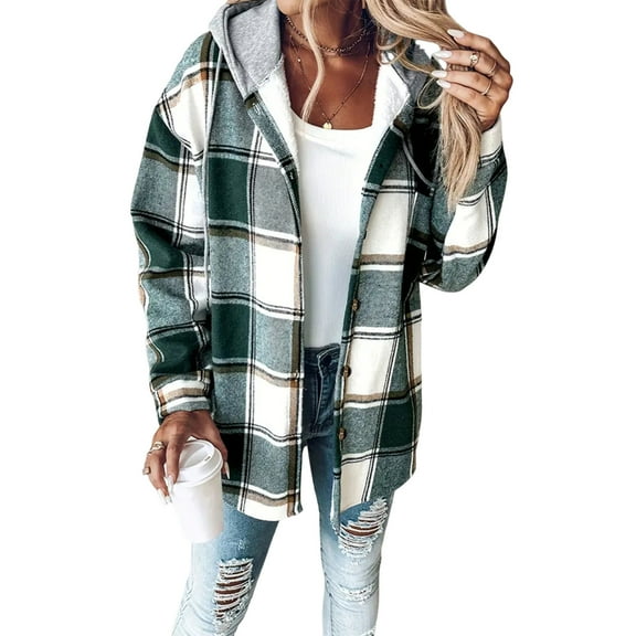 Kixjoy Green Flannel Shirt Women Long Sleeve Button Down Plaid Shirt Fashion Oversized Fall Jackets Casual Hooded Womens Jackets with Pockets, Green XL