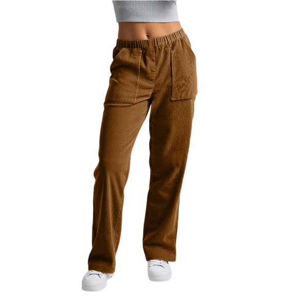 Kixjoy Womens Corduroy Pants Casual Straight Leg Elastic Waist Pants Baggy Trendy Plus Size Joggers Vintage Cozy Womens Joggers with Pockets, Coffee L
