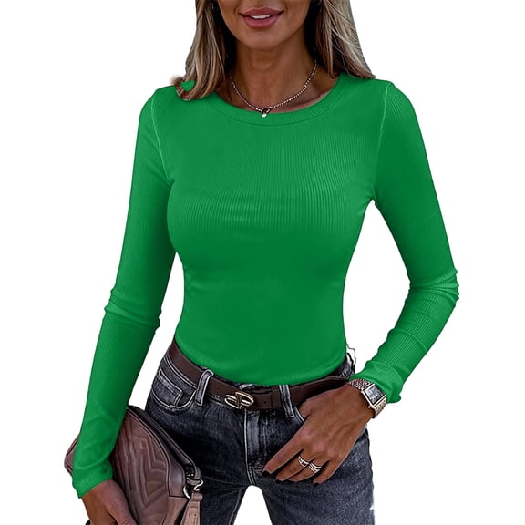 Kixjoy Green Undershirts for Women Slim Fit Long Sleeve Warm Top Crewneck Ribbed Winter Undershirts Soild Lightweight Fall Tops for Women 2025, Green S