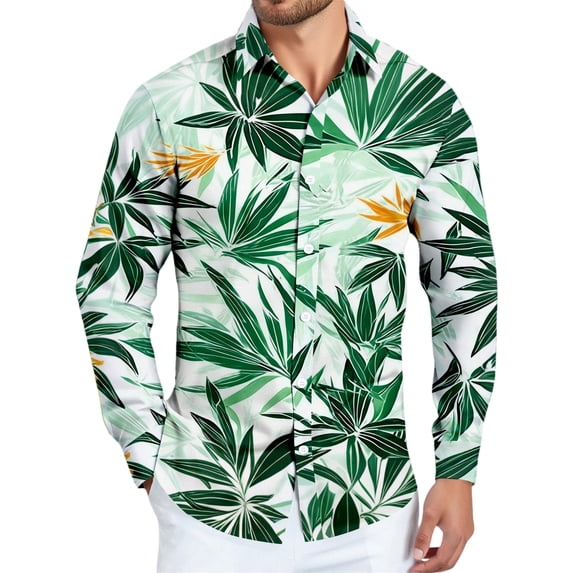 Kixjoy Hawaiian Shirt for Men Big and Tall Long Sleeve Button Down Shirts Stretch Beach Collared Loose Fit Shirts Lightweight Summer Beach Blouse for Men, Green 2XL