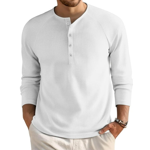 Kixjoy Henley Shirt Men Big and Tall Long Sleeve Waffle Henley Shirts Casual Thermal Button Down Tops Basic Baggy Lightweight Men's T-Shirts, White 3XL