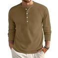 thumbnail image 1 of Kixjoy Henley Shirt Men Long Sleeve Oversized Waffle Knit Henley Shirts Casual Button Down Soild Tops Lightweight Warm Loose Fit Men's T-Shirts, Light Brown XL, 1 of 7