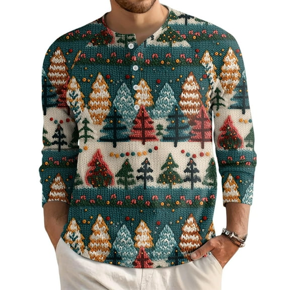 Kixjoy Henley Shirts for Men Long Sleeve Big and Tall Waffle Knit Henley Shirts Casual Button Down Christmas Tee Lightweight Warm Loose Fit Mens T-Shirts, Dark Green L