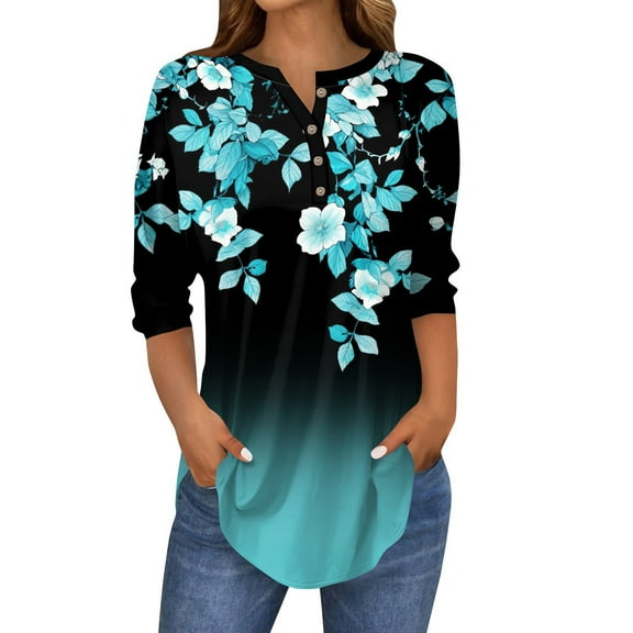 Kixjoy Henley Shirts for Women Elbow Sleeve Henley Tunic Tops Crewneck Floral Print Shirts Button Plus Size Blouses Loose Fit Lightweight Tunic Top Light Blue XL