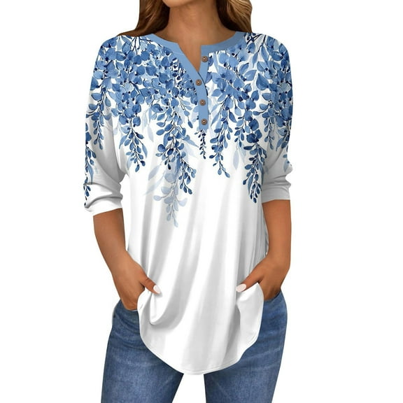 Kixjoy Henley Shirts for Women Elbow Sleeve Henley Shirts Round Neck Floral Print T-Shirt Button Plus Size Pullover Loose Fit Petite Tunic Top Blue L