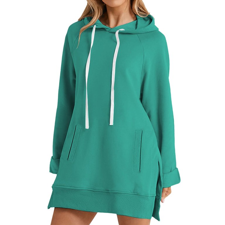 Kixjoy Hoodie Dress for Women Lounge Plus Size Long Sleeve Hoodies  Drawstring Basic Fashion Sweatshirts Soft Fall Hoodie Dress with Pockets,  Green L - Walmart.com