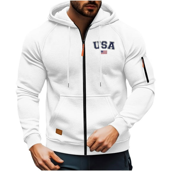 Kixjoy Hoodies for Men Full Zip Big and Tall Long Sleeve Hoodie Drawstring Fall Hooded Sweatshirt Casual Soild Loose Fit Jackets for Men with Pockets, White 2XL
